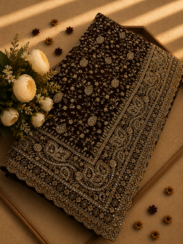 Premium Brown Designer Georgette Saree with Heavy zarkhan & Intricate Embroidery Work