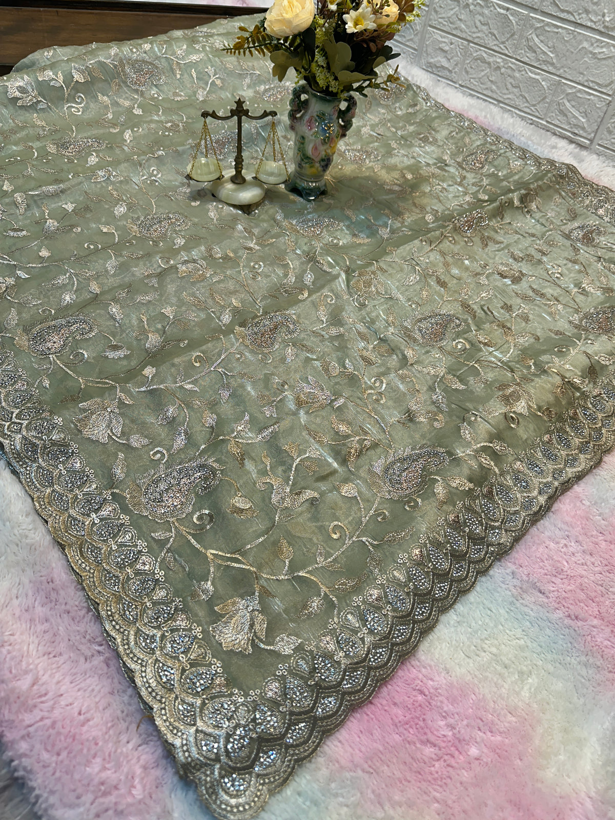 Buy 1 Get 1 FREE – Premium Sage Green Zari Work Saree ✨
