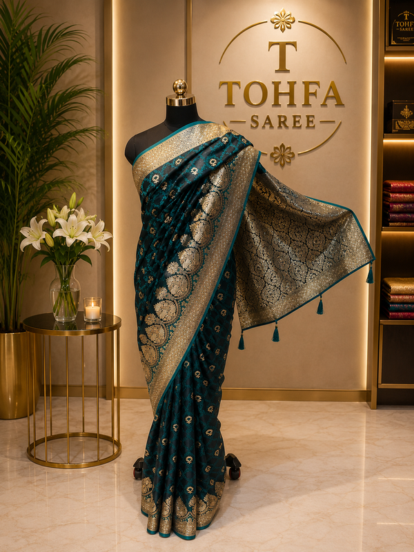 Premium Teal Top Dyed Designer Saree with Rich Gold Zari Border | Elegant Traditional Collection