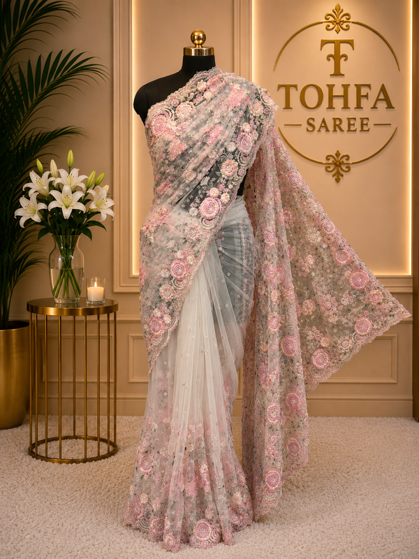 Luxury Pure Soft Butterfly Net Saree with Heavy Floral Embroidery & Sequin Work | Premium Party & Wedding Collection