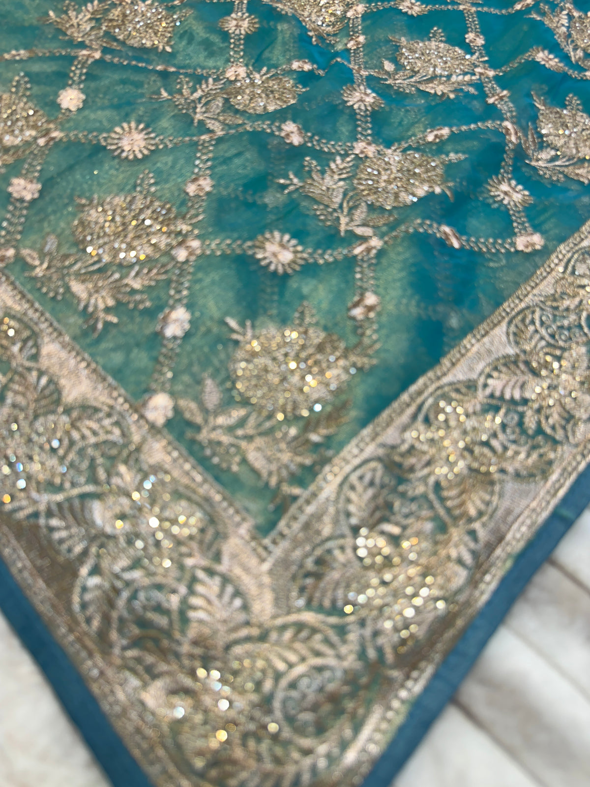 Teal Green Designer Saree with Zari & Zarkhan Work