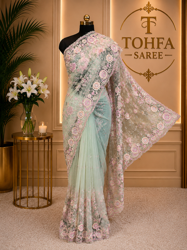Premium Sage Green Pure Soft Butterfly Net Saree with Heavy Floral Embroidery & Sequin Work | Luxury Designer Collection
