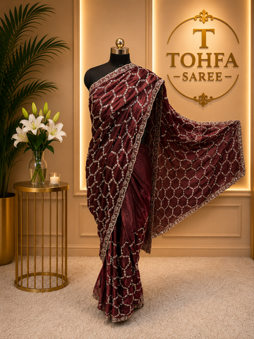 Premium ruby red Designer Saree with Intricate Beads Work
