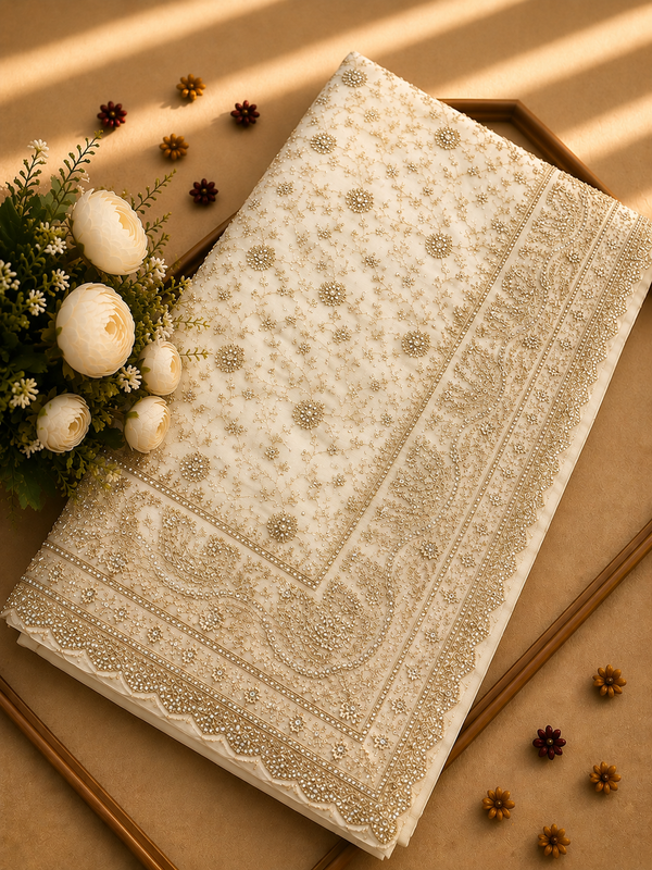 Premium White Designer Georgette Saree with Heavy zarkhan & Intricate Embroidery Work