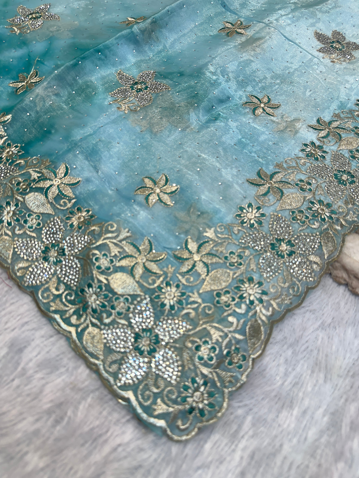 BUY 1 GET 1 FREE – Aqua Blue Floral Embroidered Saree