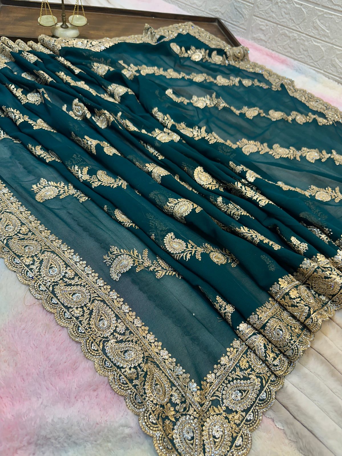 Premium Teal Green Saree with Dupatta | Heavy Zari & Embroidery Work