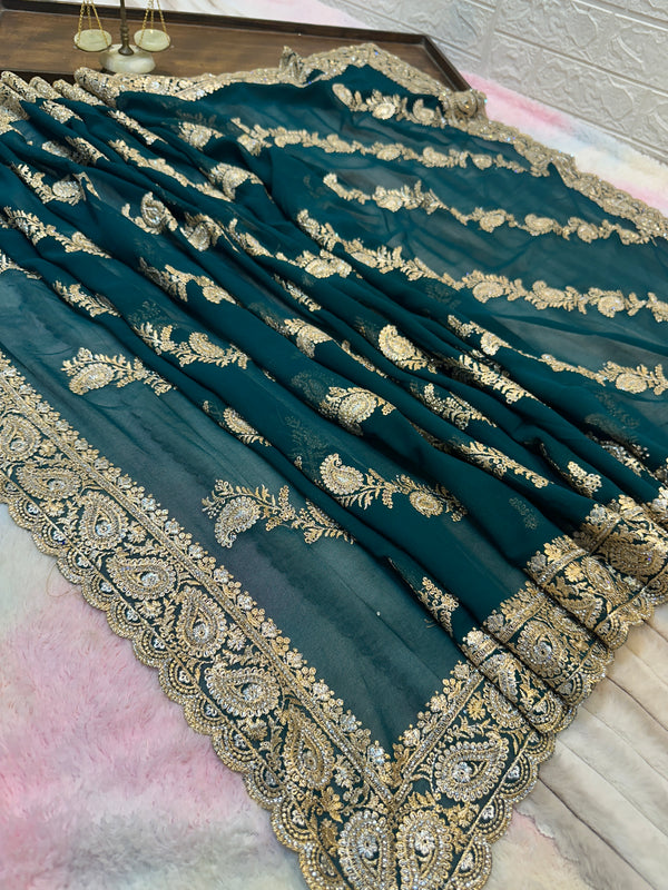 Premium Teal Green Saree with Dupatta | Heavy Zari & Embroidery Work
