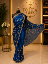 Premium Royal Blue Fendi Designer Saree with Elegant Embroidery Work