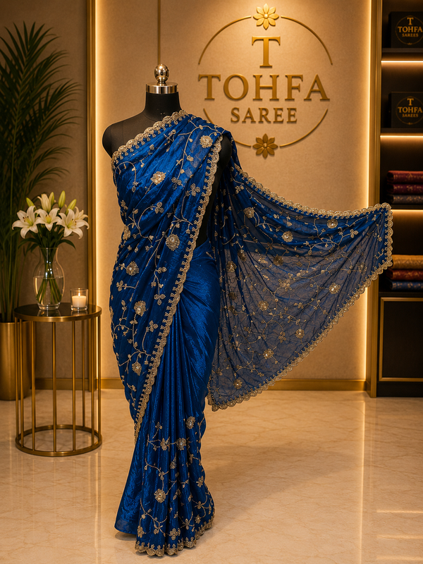 Premium Royal Blue Fendi Designer Saree with Elegant Embroidery Work