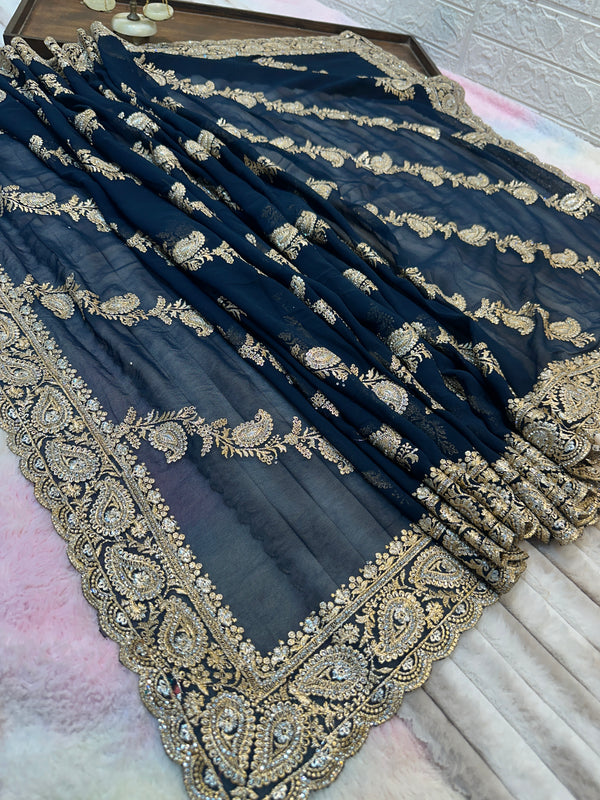 Premium Royal Blue Saree with Dupatta | Heavy Zari & Embroidery Work