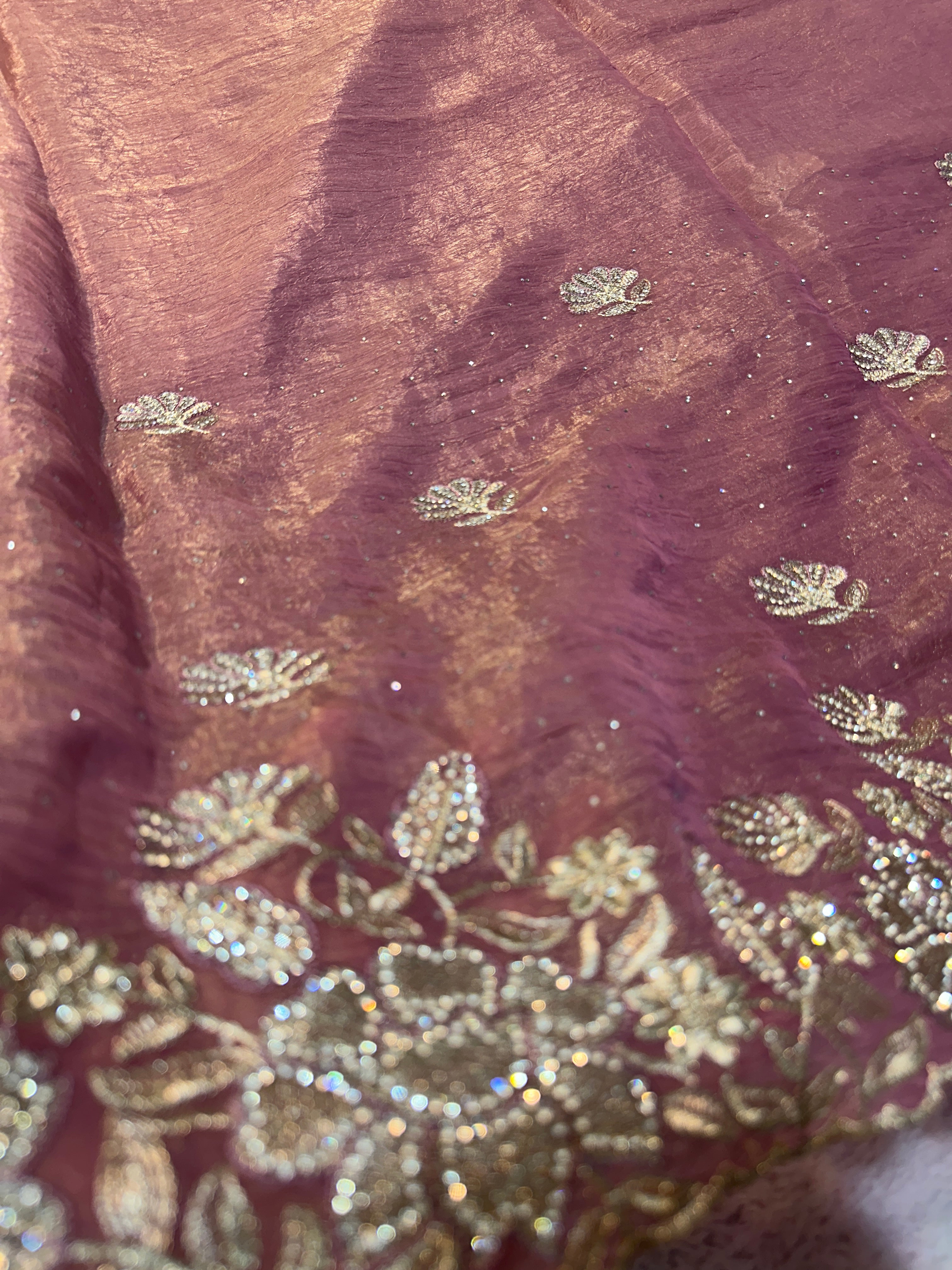 Dusty Rose Organza Saree with Zarkhan Stone & Zari Floral Embroidery
