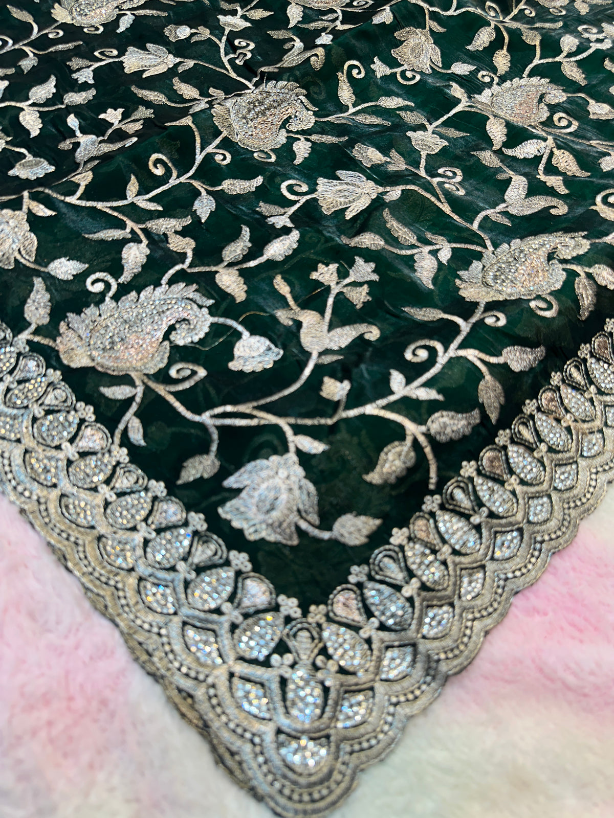 Buy 1 Get 1 FREE – Premium Dark Green Zari Work Saree ✨