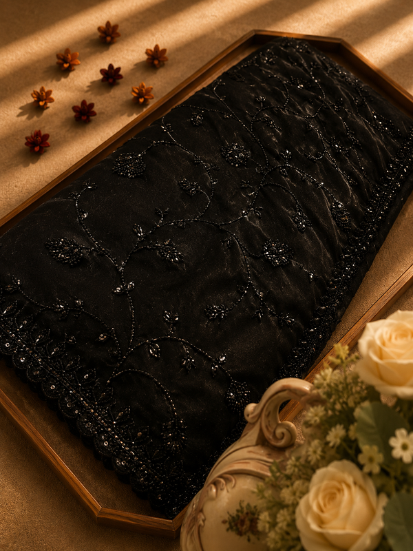 Premium Black Fendi Designer Saree with Elegant Embroidery Work