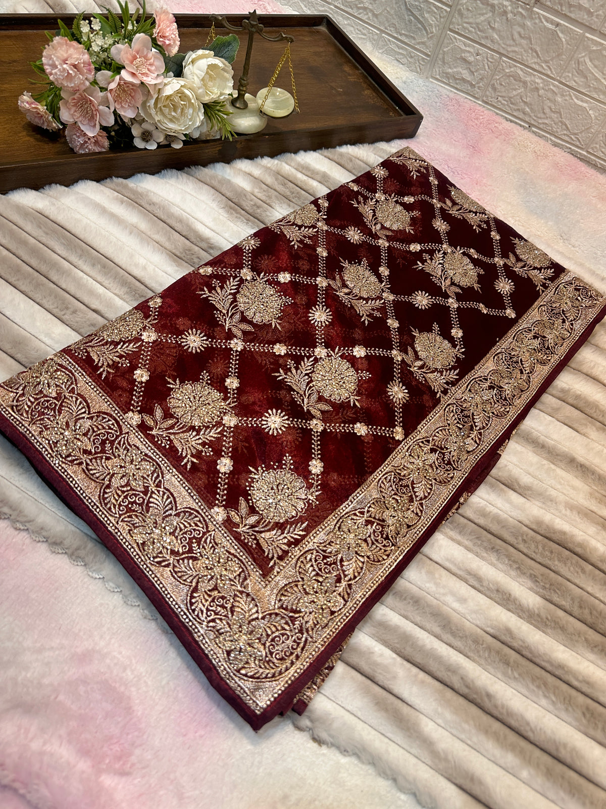 Buy 1 Get 1 FREE | Premium Wine Maroon Zari Work Saree