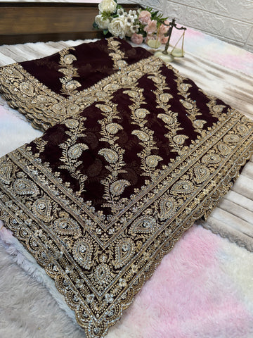 Premium Wine Maroon Bridal Saree with Dupatta | Heavy Zari Embroidery Work