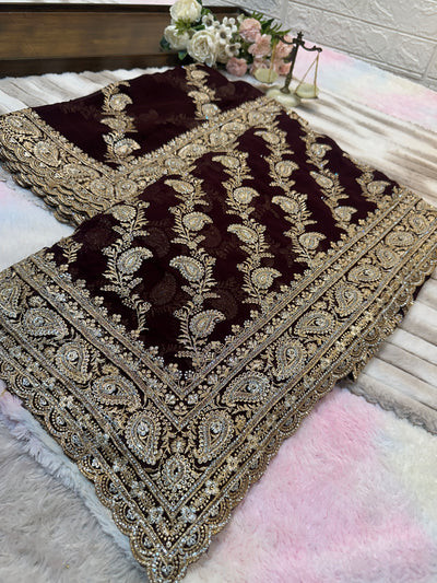Premium Wine Maroon Bridal Saree with Dupatta | Heavy Zari Embroidery Work