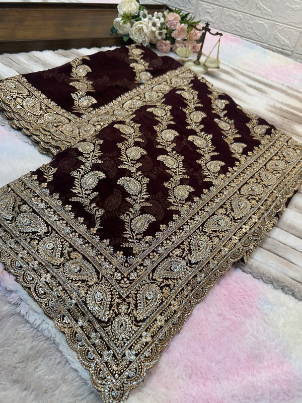 Premium Wine Maroon Bridal Saree with Dupatta | Heavy Zari Embroidery Work