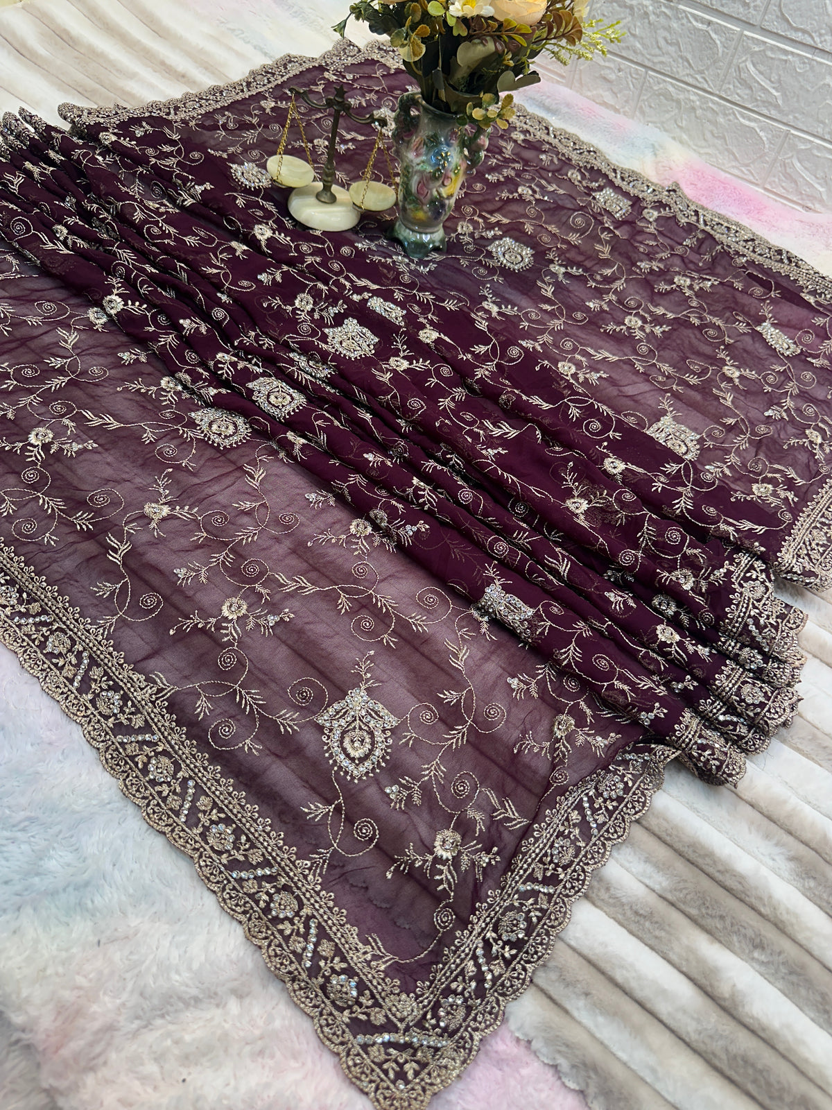 Premium Dark Wine Embroidered Saree With Dupatta
