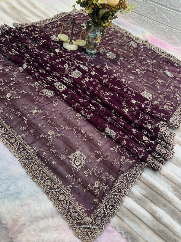 Premium Dark Wine Embroidered Saree With Dupatta
