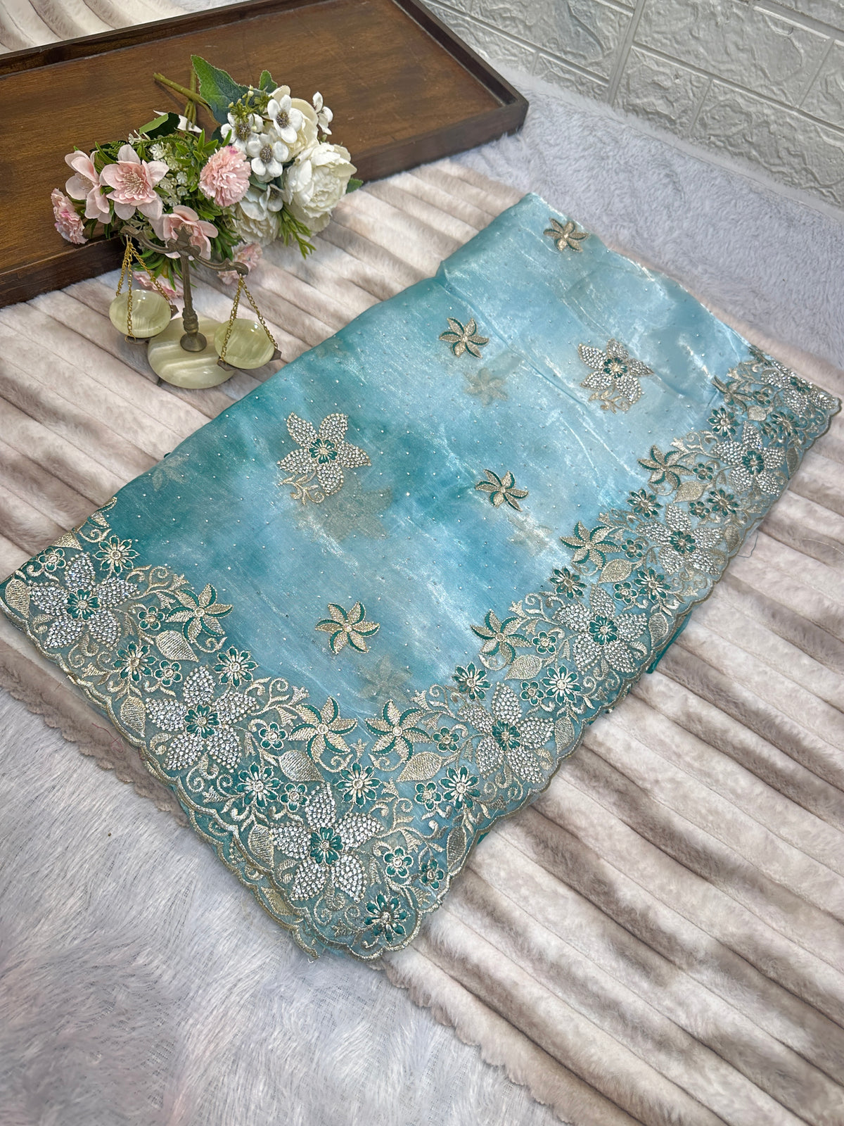 BUY 1 GET 1 FREE – Aqua Blue Floral Embroidered Saree