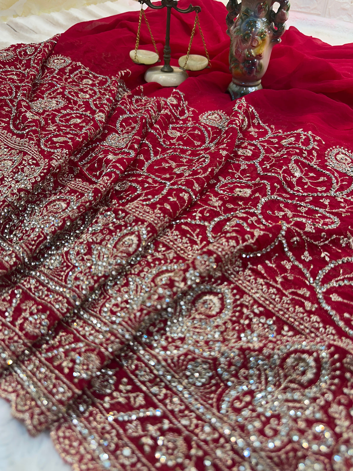 Premium Red Bridal Saree with Dupatta | Heavy Embroidery & Stone Work