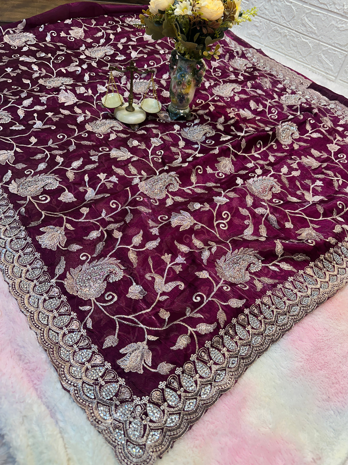 Buy 1 Get 1 FREE – Premium Dark Wine Zari Work Saree ✨