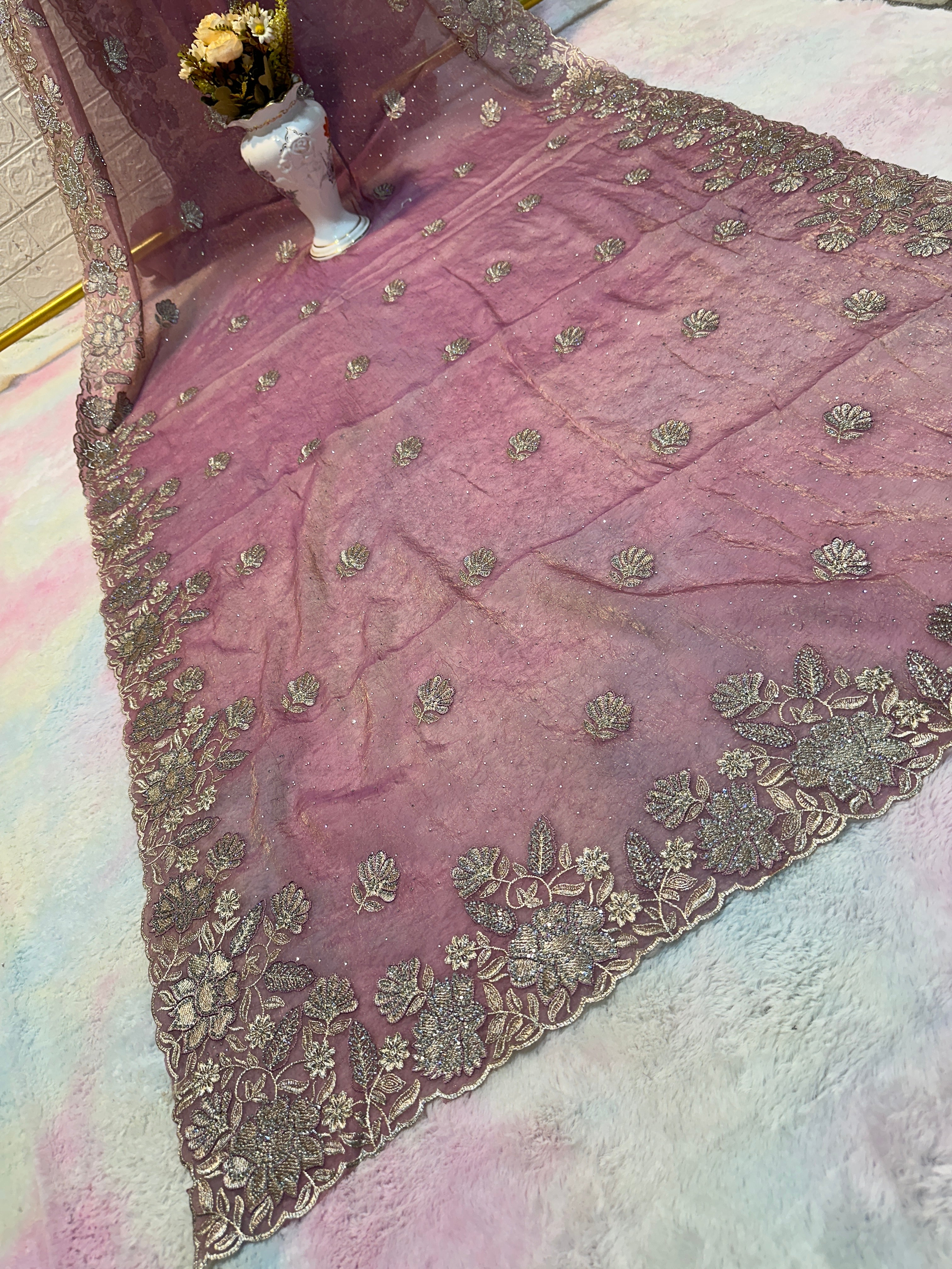 Dusty Rose Organza Saree with Zarkhan Stone & Zari Floral Embroidery