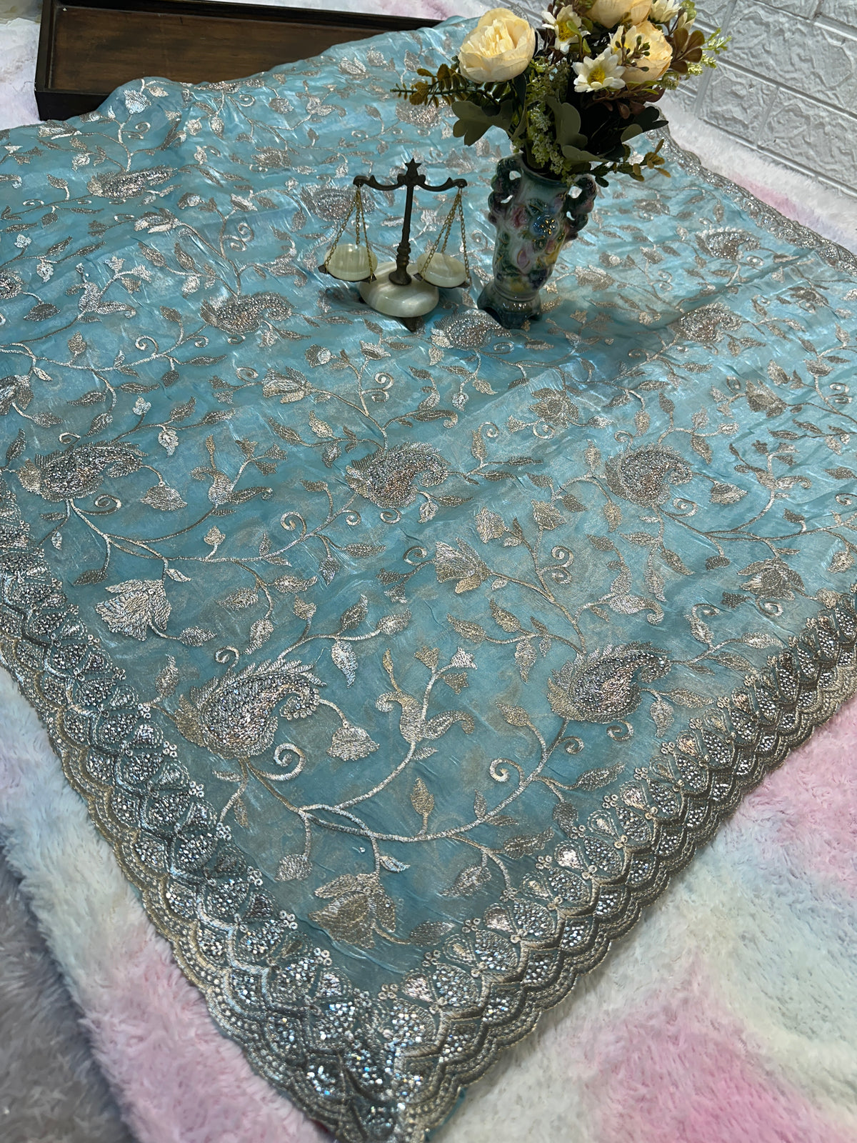 Buy 1 Get 1 FREE – Premium Aqua Blue Zari Work Saree ✨