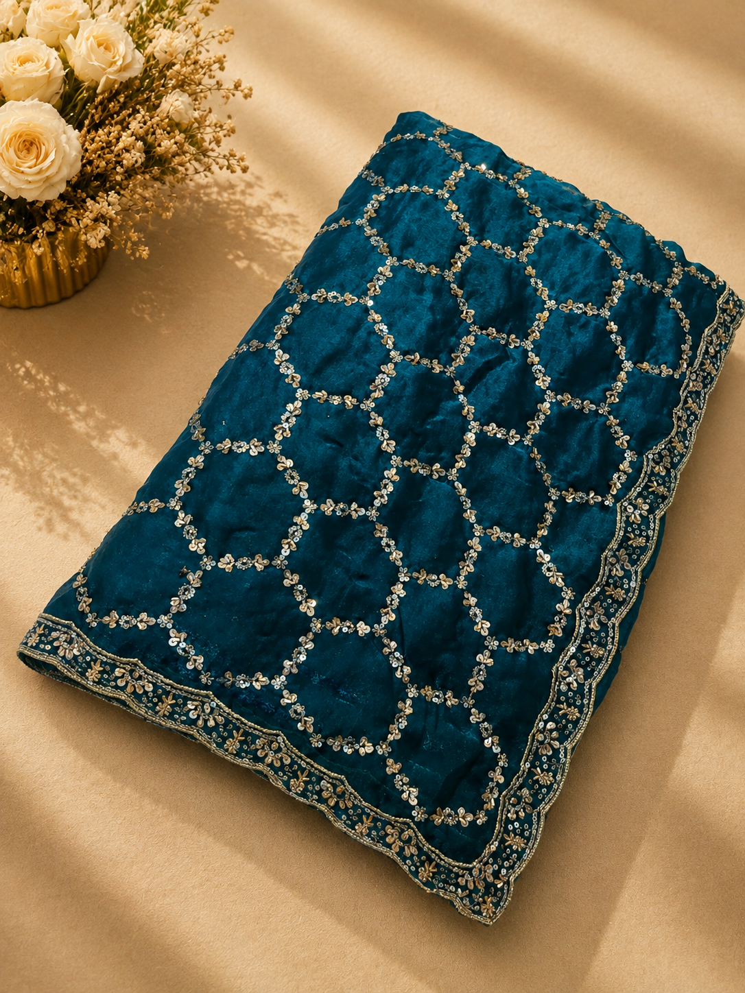 Premium Teal Blue Designer Saree with Intricate Beads Work