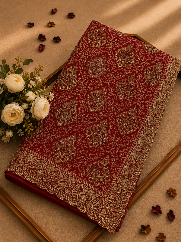 Premium Red Georgette Kashmiri Work Designer Saree | Elegant Wedding & Festive Collection