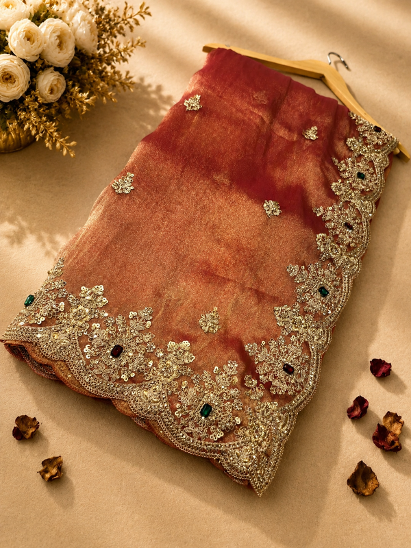 Premium Rose Pink Gabana Designer Saree | Luxury Zari & Stone Work