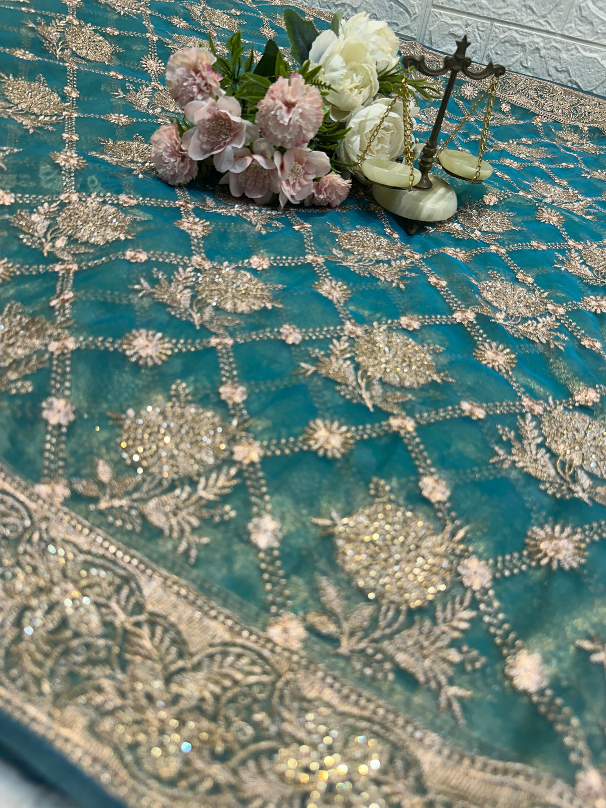Teal Green Designer Saree with Zari & Zarkhan Work