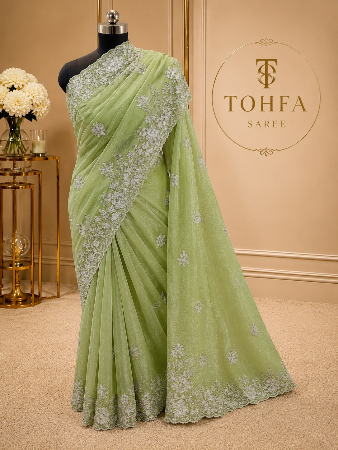 Pista Green Organza Saree with White Zari & Zarkhan Stone Floral Embroidery