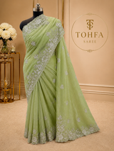 Pista Green Organza Saree with White Zari & Zarkhan Stone Floral Embroidery