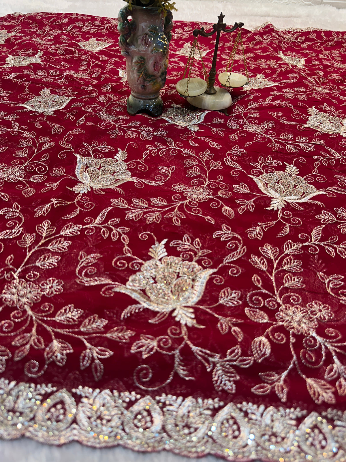 Red Designer Saree With Dupatta – Premium Floral Embroidery