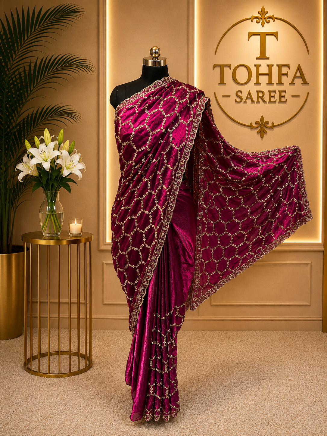 Premium Wine Designer Saree with Intricate Beads Work