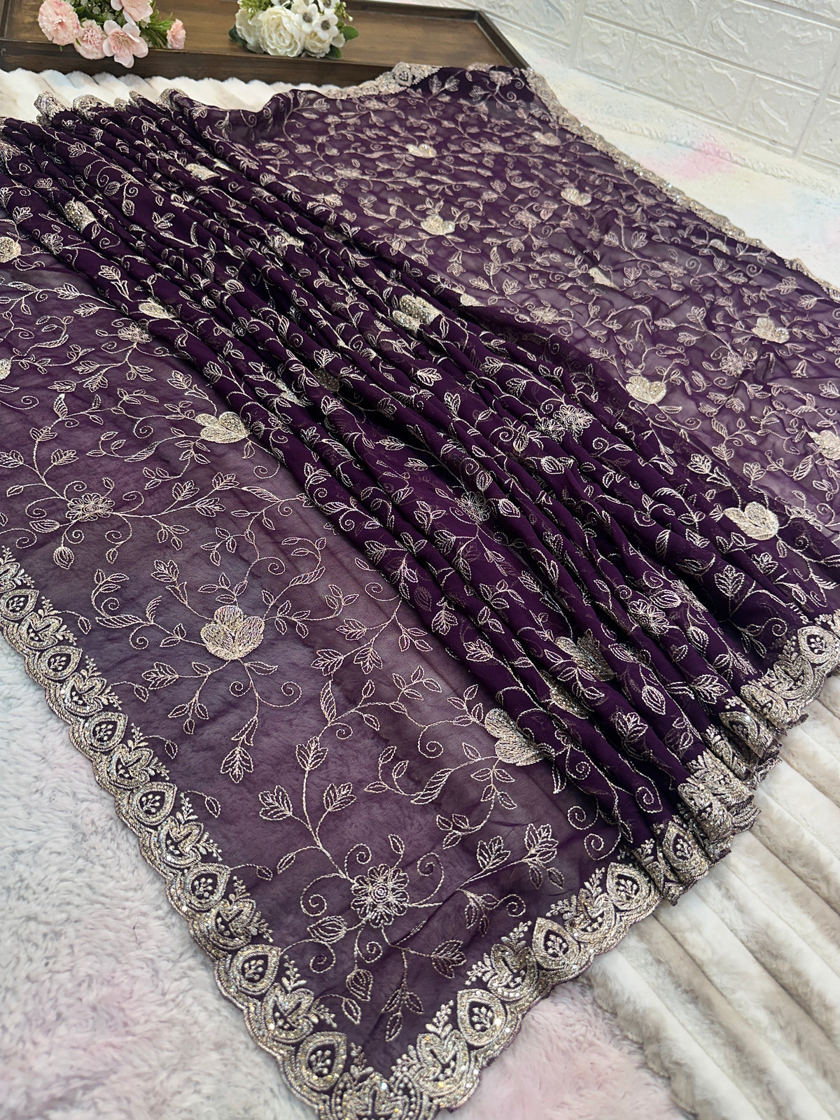 Dark Wine Zari & Zarkhan Saree with Dupatta