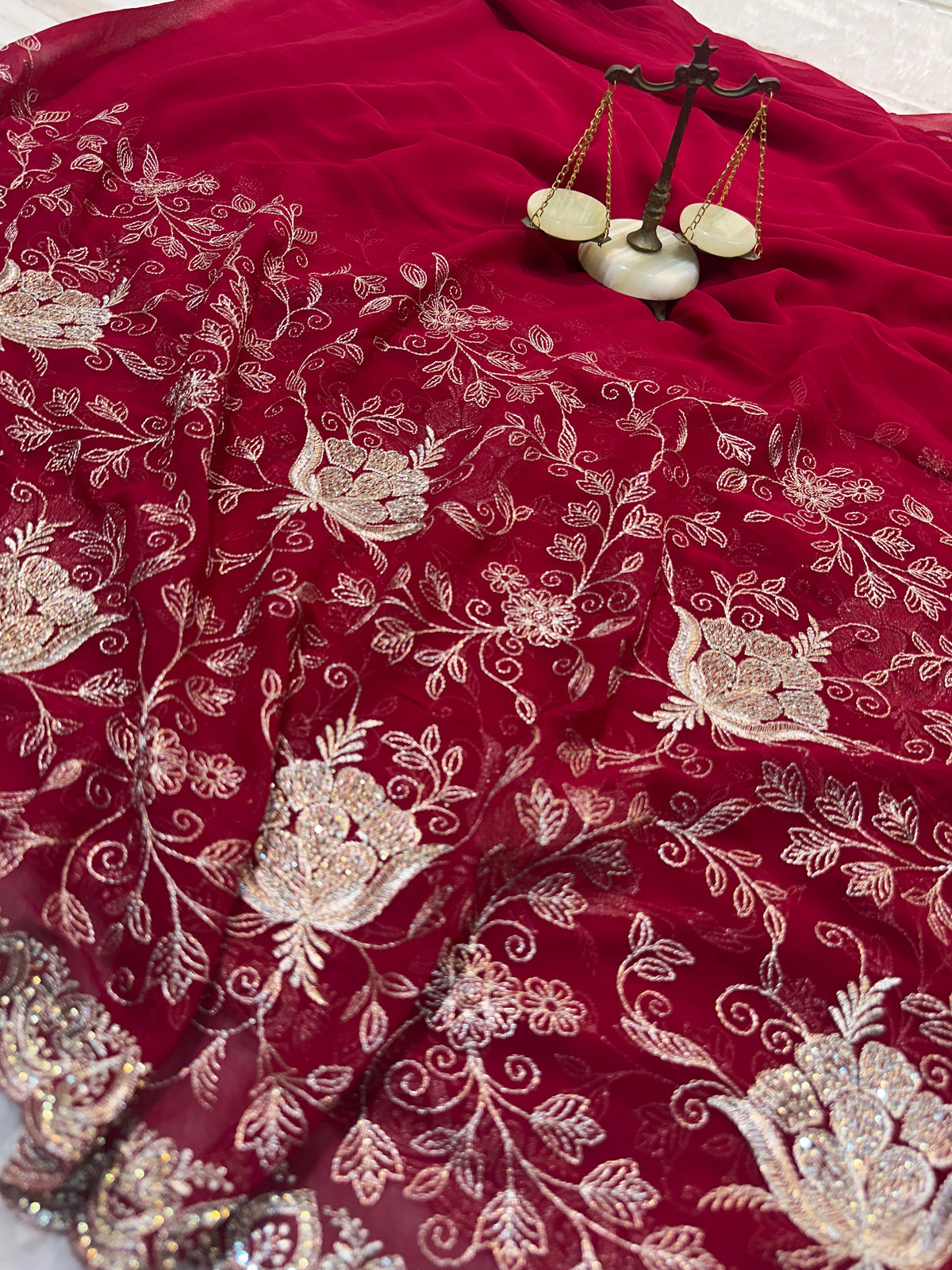 Red Designer Saree With Dupatta – Premium Floral Embroidery