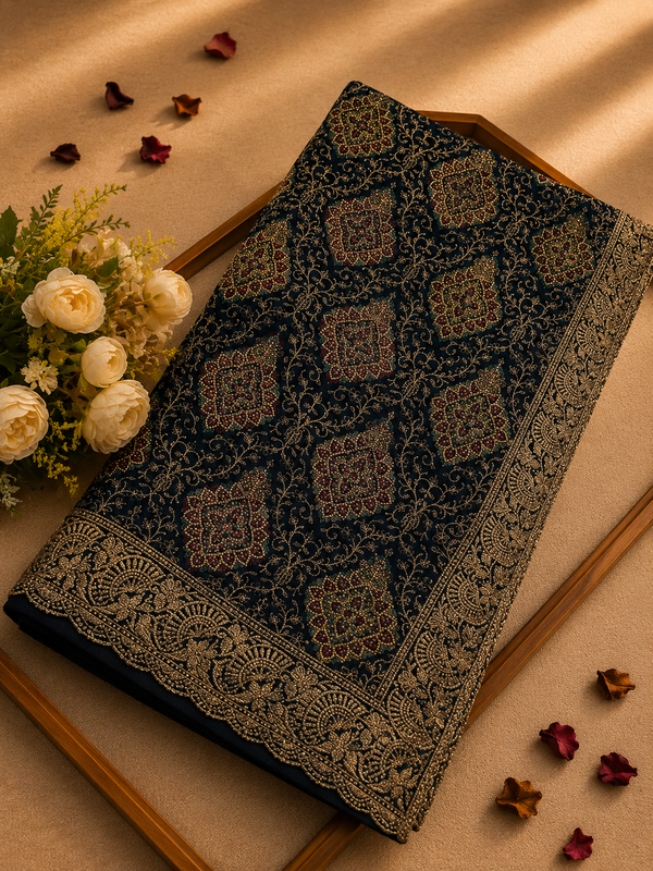 Premium Teal Blue Georgette Kashmiri Work Designer Saree | Elegant Wedding & Festive Collection
