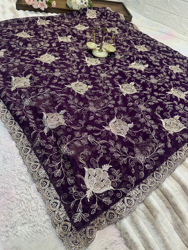 Dark Wine Zari & Zarkhan Saree with Dupatta