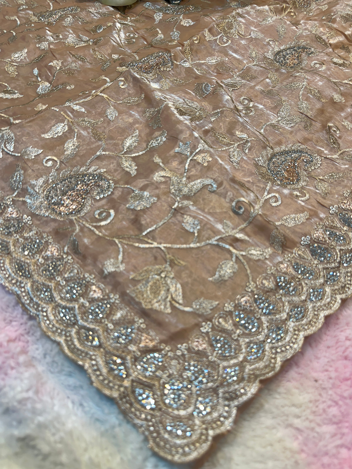 Buy 1 Get 1 FREE – Premium Rose Gold Zari Work Saree ✨