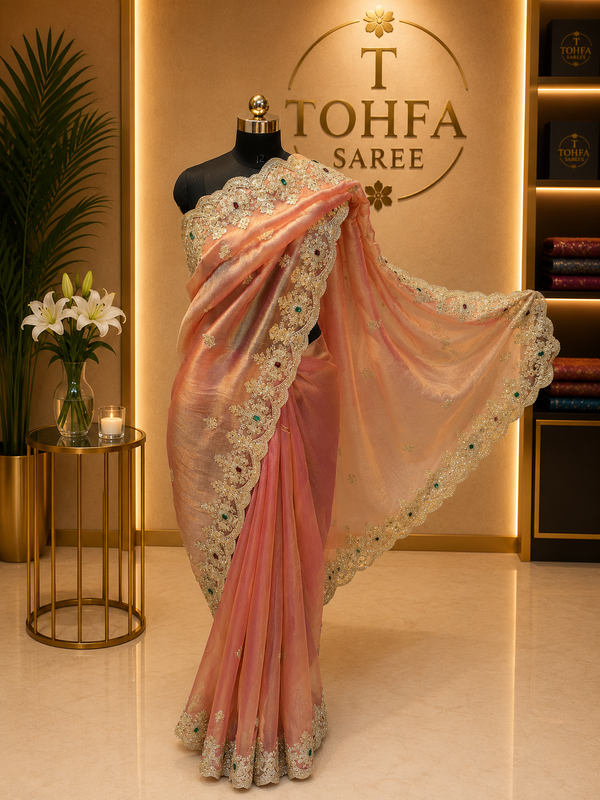 Premium Rose Pink Gabana Designer Saree | Luxury Zari & Stone Work