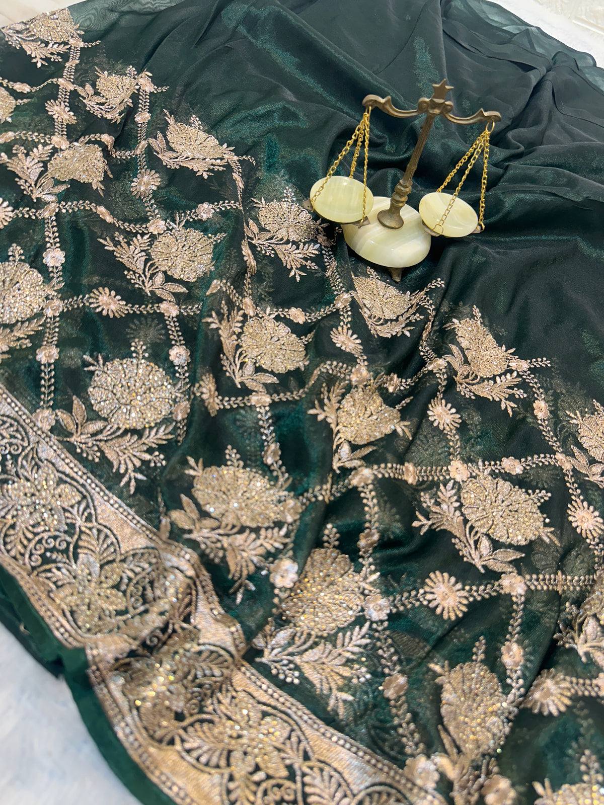 BUY 1 GET 1 FREE – Dark Green Zari & Zarkhan Saree