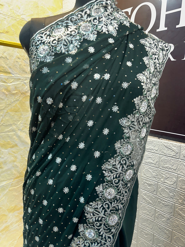 Emerald Green Georgette Saree with Silver Zari & Sequin Embroidery