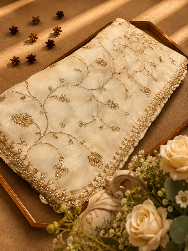 Premium Cream Fendi Designer Saree with Elegant Embroidery Work