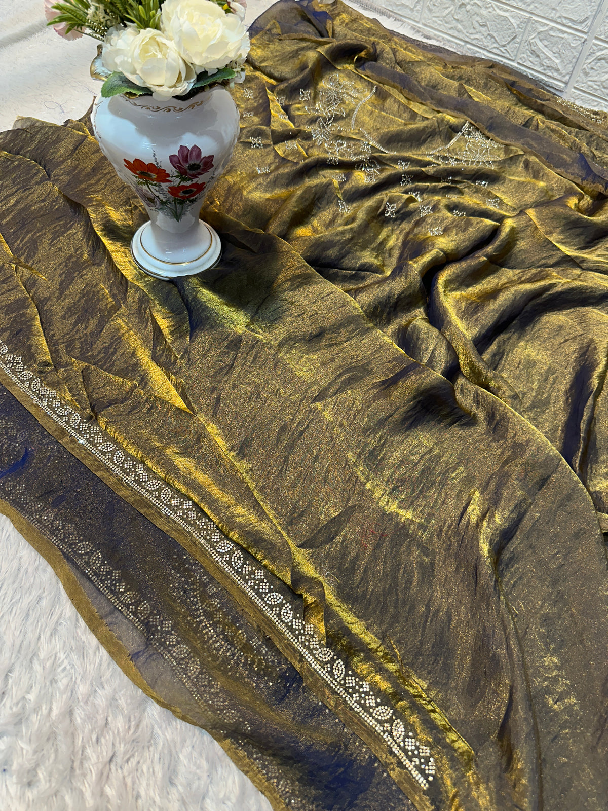 Premium Olive Gold Fendi Saree with Elegant Stone Work – Luxury Designer Party Wear, Wedding & Festive Collection