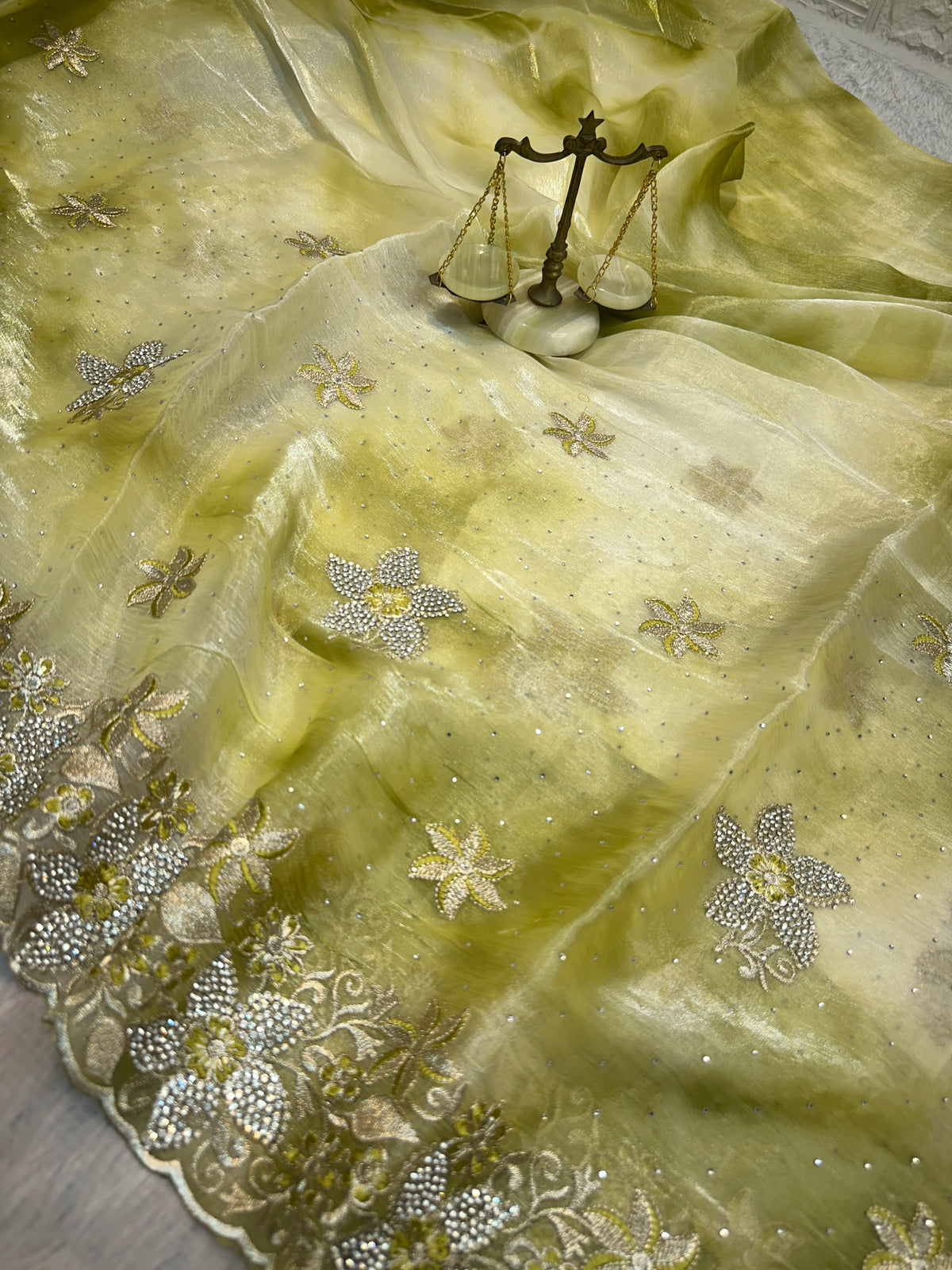 BUY 1 GET 1 FREE – Olive Green Floral Embroidered Saree