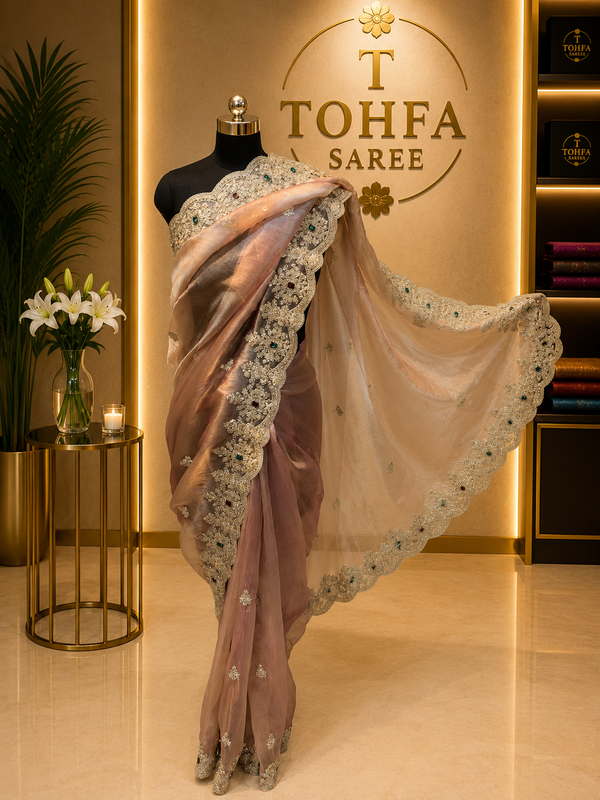 Premium Coffee Brown Gabana Designer Saree | Luxury Zari & Stone Work