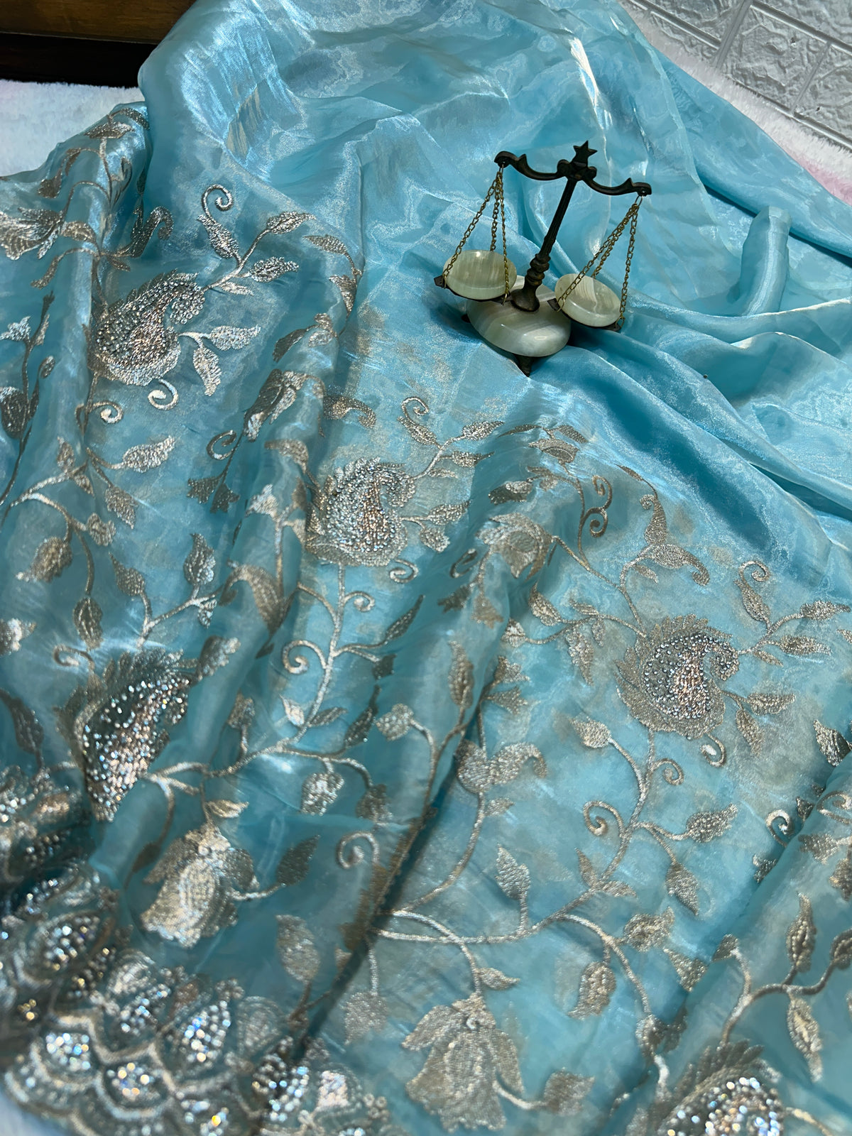 Buy 1 Get 1 FREE – Premium Aqua Blue Zari Work Saree ✨