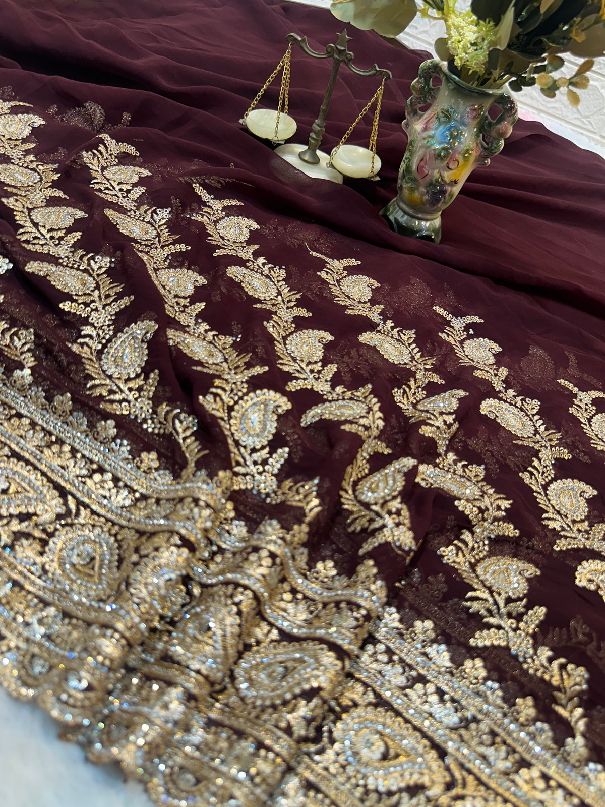 Premium Wine Maroon Bridal Saree with Dupatta | Heavy Zari Embroidery Work